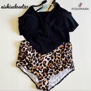 Two Piece High Waisted Swimsuit Leopard Bottoms
